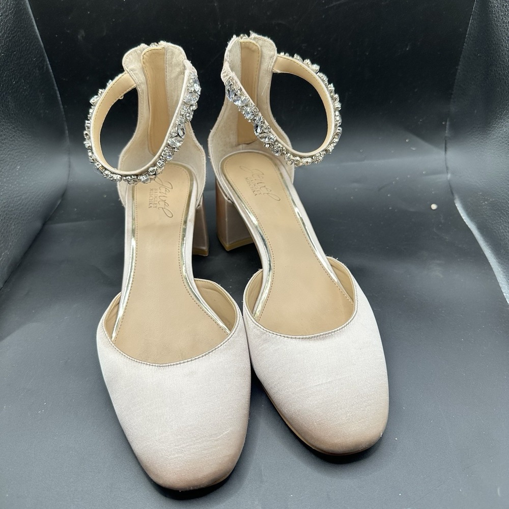 Badgley Mischka Cathleen Block Pumps Evening Formal Satin Ankle Strap Jewels 9.5